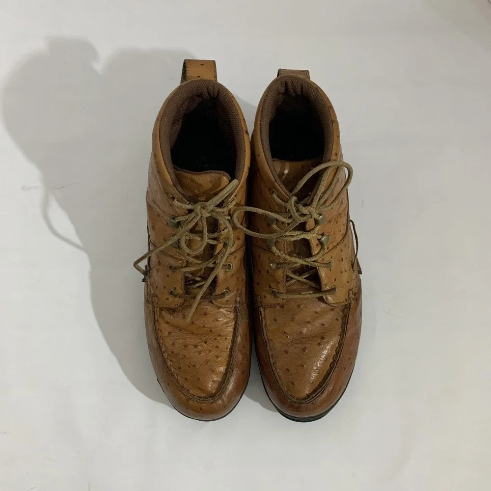 Justin Vintage Ankle Boots Mens 13M Brown Leather Ostrich Print Moc Toe Work 910